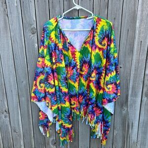 Hippie tie dyed shawl ties at neck fringe one size fits most